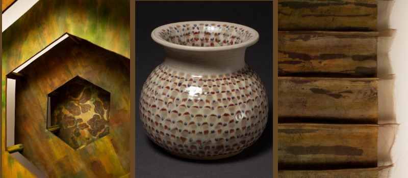 Three images side by side showing a pot in the middle, and two geometric designs on the sides.