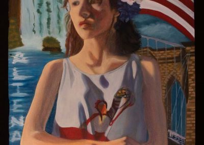 A self portrait of a woman with red, white, and blue colors, the american flag, and a water fall where the water says "Alienated".