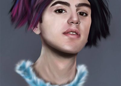 A digital drawing of a person with red and purple hair and a blue, fluffy shirt coller.