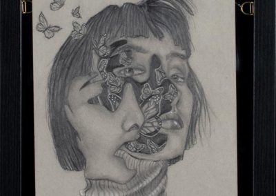 A sketch portrait of a person who's face is breaking as butterflies pour out.