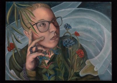 An oil painting of a person thinking with flowers and wisps around them.