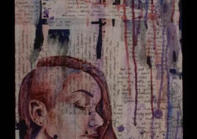 A large collage of paper with writing, paint drips, and a side portrait of someone's head.