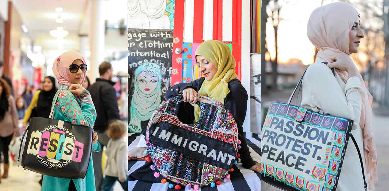 Three women wearing hijabs with eventful backgrounds holding different purses -the purses say, from left to right, "Resist", "Immigrant", and "Passion. Protest. Peace.".