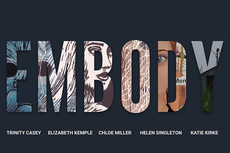 The word "EMBODY" with different designs in each letter.