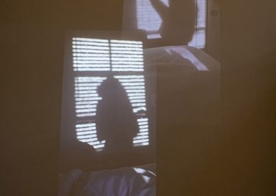 Two images of someone in front of a bright window.
