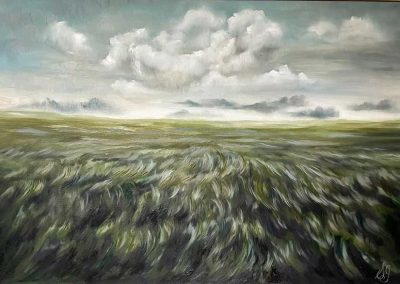 Painting of a wind-swept plain with clouds moving in.