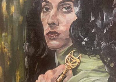 Painting of a person holding a key.