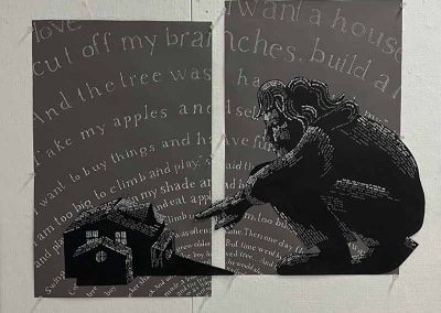 Artwork in two pieces of a giant person pointing at a house with words helping to shade in the person and house and making up the background.