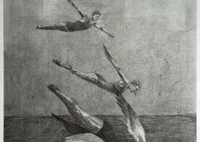 A drawing of a compilation of a woman jumping from a diving board and becoming an albatross.