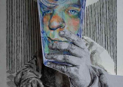 A drawing sculpture of a person holding a glass in front of their face and thier face is now in color while the rest of the body is black and white.