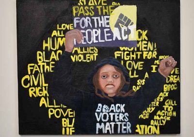 Artwork of a black woman with her hand raised in a fist with text Black Voters Matter, Pass the For the people act, and call to action words behind her.