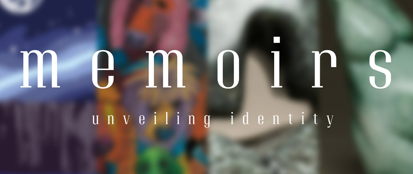 Blurred out background with a variety of natural colors with the text "Memoirs. Unveiling Identity.".