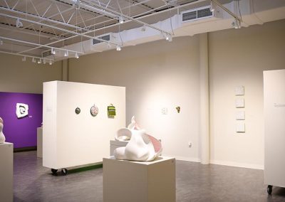 A variety of art pieces such as sculptures, multimedia pieces, and graphic pieces.