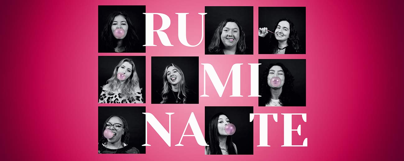 The title ruminate with a pink background and 8 squares of students faces. 