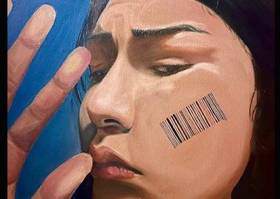 A painting of a girl with a barcode on her cheek pressing her face against invisible glass.