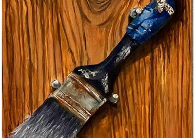 A painting of a paintbrush on wood.