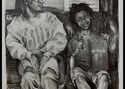 A drawing of two people sitting on a couch.