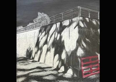 A drawing in black and white of a wall with shadows and a red wood pallet on the side.