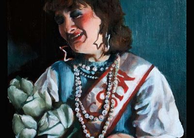 A painting of an old-school pageant winner crying.