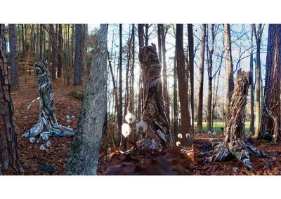 Three images of a tree stump sculpture in the woods.